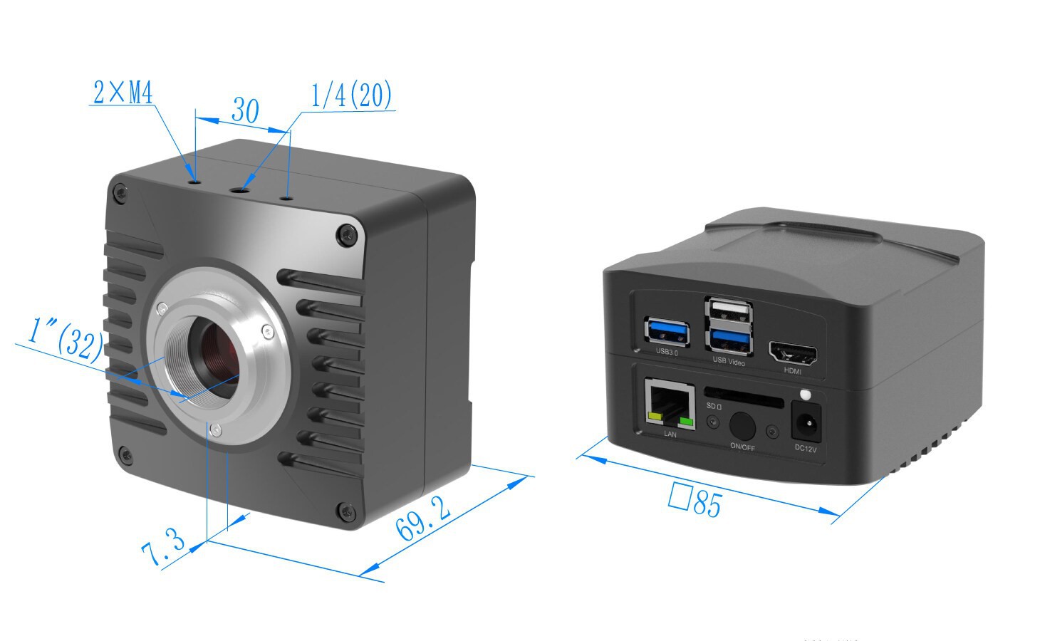 X5CAM4K系列HDMI相機尺寸示意圖